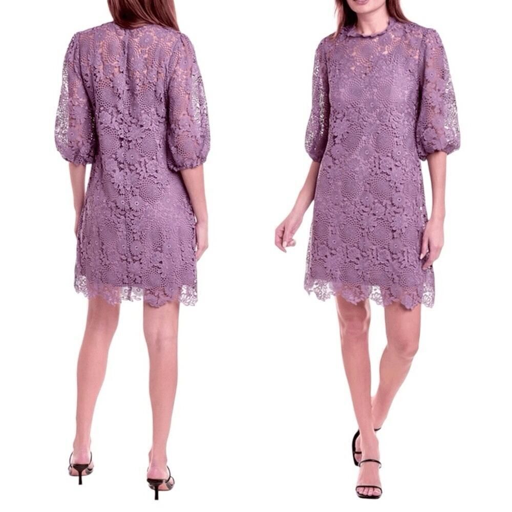 Johnny Was Lorrie Purple Crochet Lace Mini Dress Puff Sleeves Size Medium
